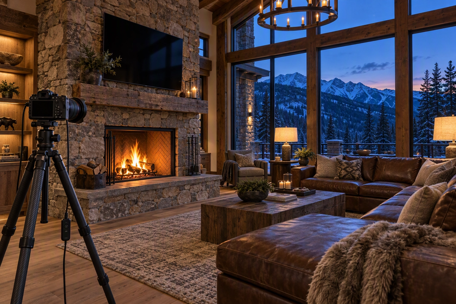 Luxury great room at dusk with a lit fireplace and a tripod set for HDR brackets, the composite work where a human editor still wins
