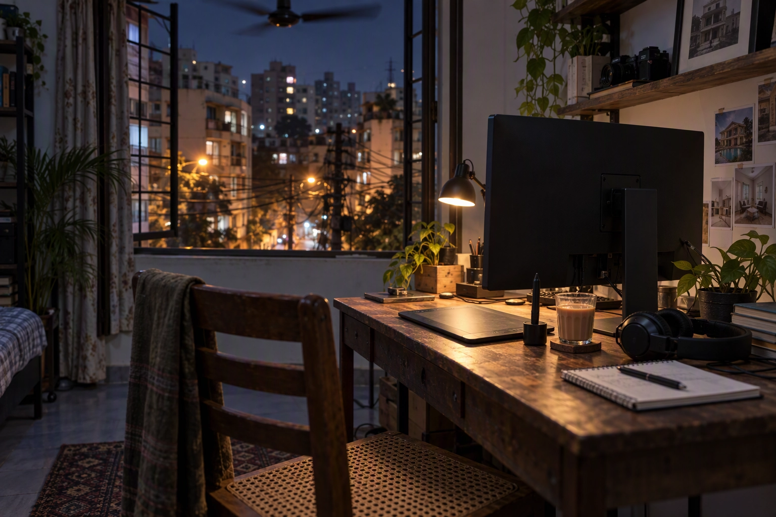 Offshore real estate photo editor's desk at night by an open window over city lights, the dedicated editor model of outsourcing