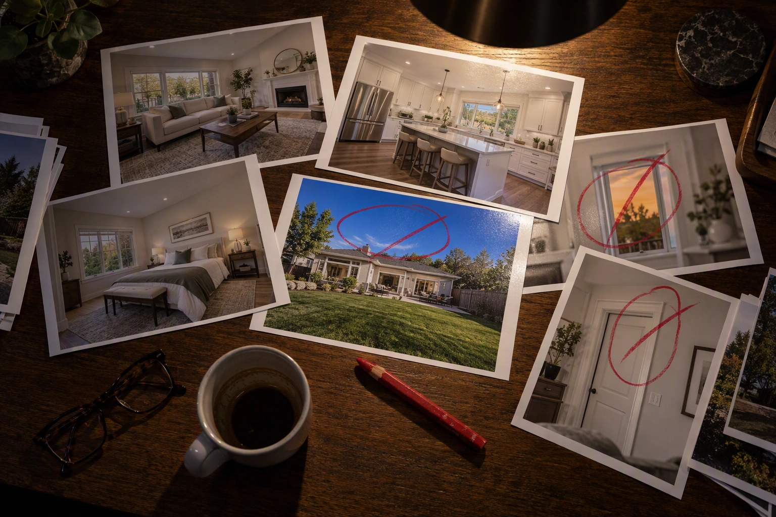 Printed listing proofs circled in red pencil for revision on a late-night kitchen table, the revision loop of outsourced photo editing