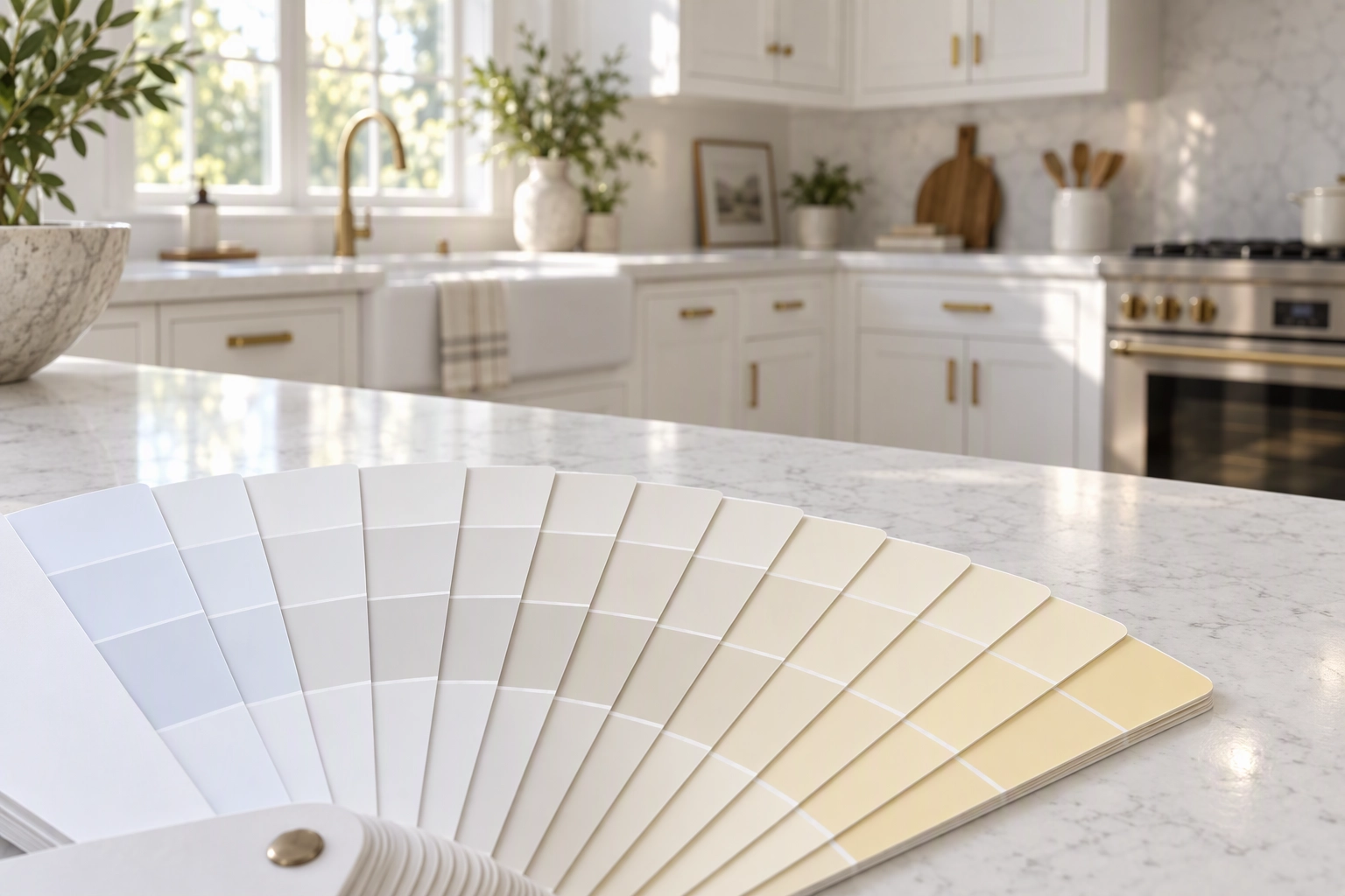 Fan deck of white paint swatches from cool to warm on a kitchen counter, a metaphor for white balance drift between photo editors