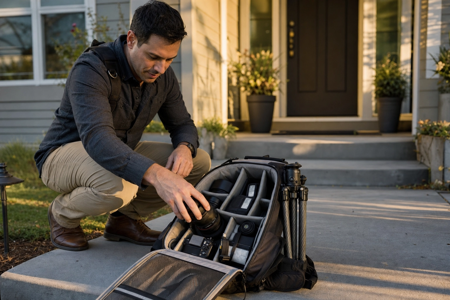 Real estate photographer opening a packed camera backpack with tripod on a home's front steps, ready to build out the shoot