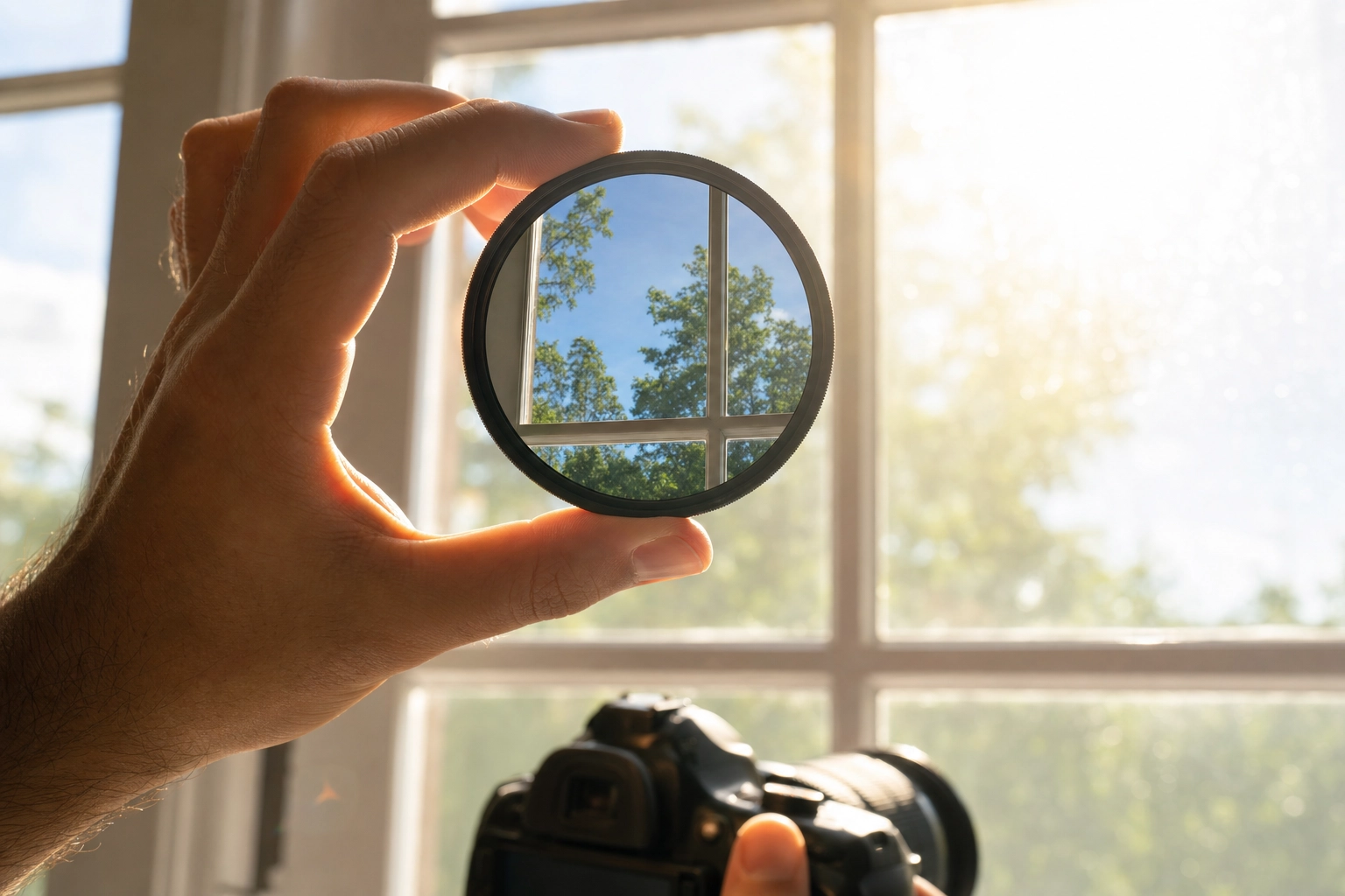 Hand holding a circular polarizer filter to the light, cutting window glare and deepening the sky for real estate exterior photography