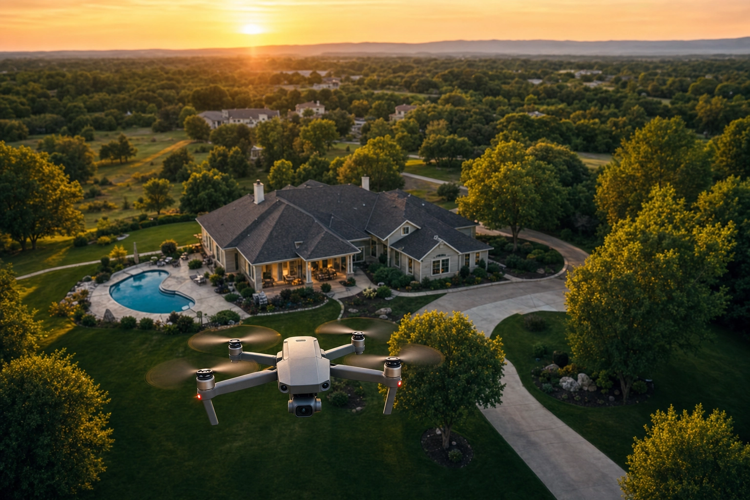 Compact drone hovering at golden hour above a suburban home with a pool and green lawn, capturing aerial real estate photography