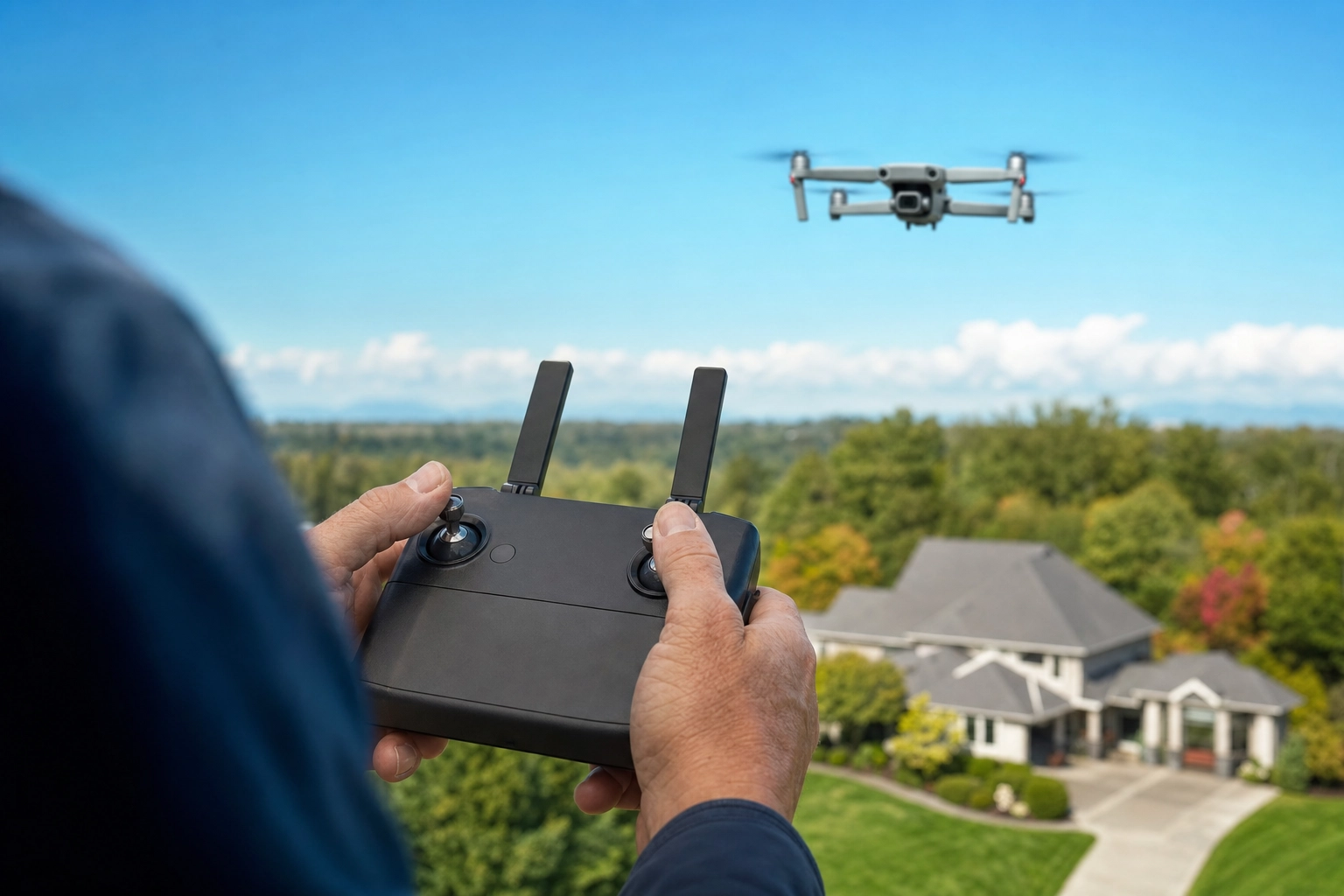 Photographer's hands on a drone controller as the drone flies over a property, illustrating licensed FAA Part 107 real estate drone work