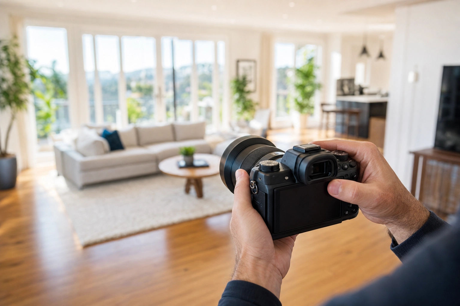 Photographer holding a full-frame mirrorless camera with wide-angle lens, composing a bright modern living room for a real estate listing