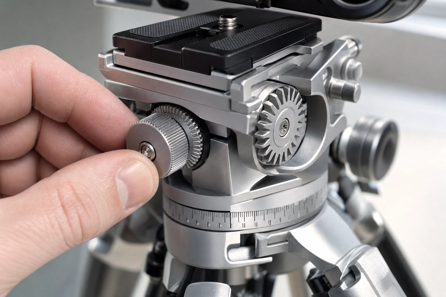 Close-up of fingers adjusting a geared tripod head's knobs to level a camera for perfectly straight verticals in real estate photography