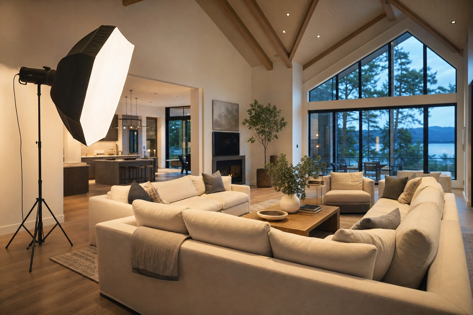 Studio monolight with a large softbox lighting a spacious living room, showing professional lighting gear for big real estate interiors
