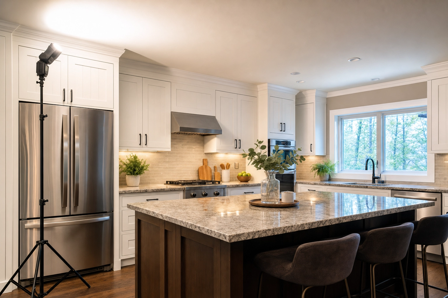 Off-camera speedlite flash on a light stand bouncing light into a modern kitchen, demonstrating lighting for real estate photography