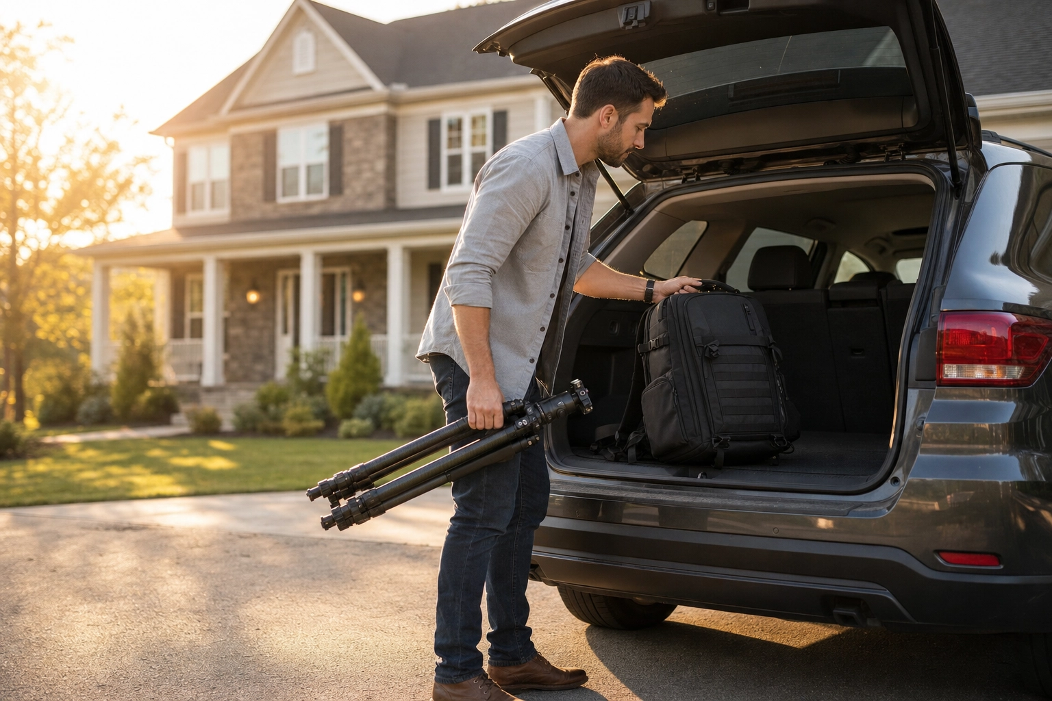 Real estate photographer loading a camera backpack and tripod into an SUV after a paid shoot, illustrating gear return on investment