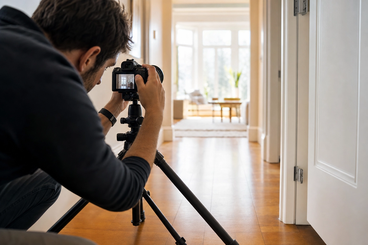 Real estate photographer crouching low behind a tripod to compose a hallway shot, demonstrating technique that separates pros from beginners