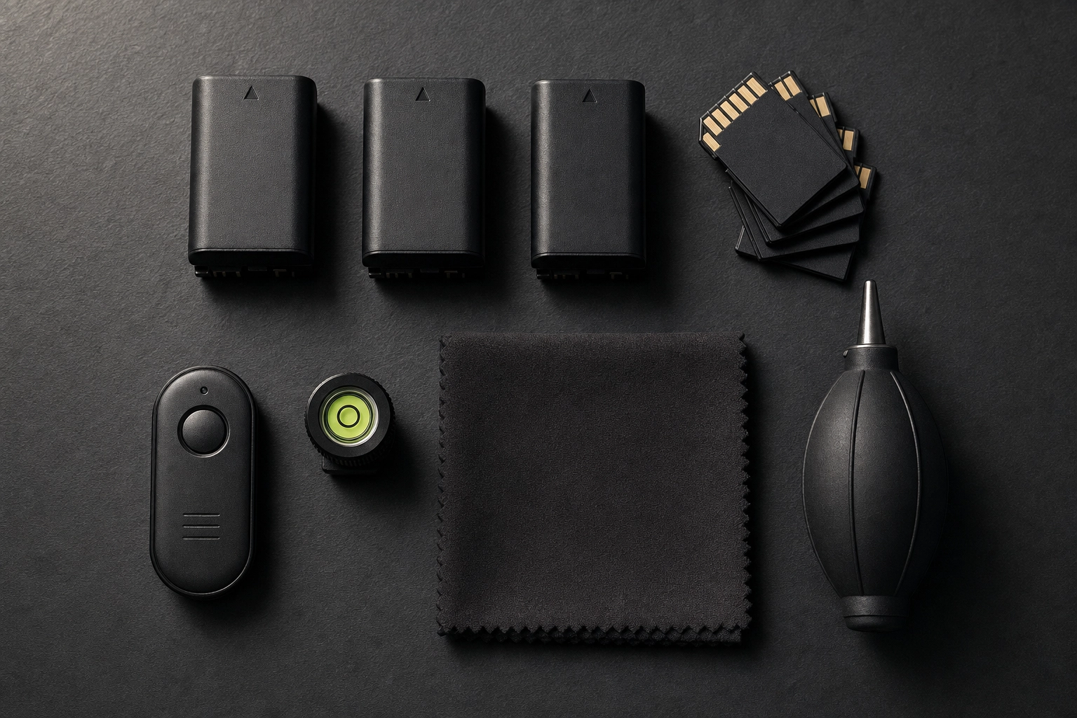 Overhead flat-lay of real estate photography accessories on dark slate: spare batteries, memory cards, remote shutter, level, and cleaning cloth