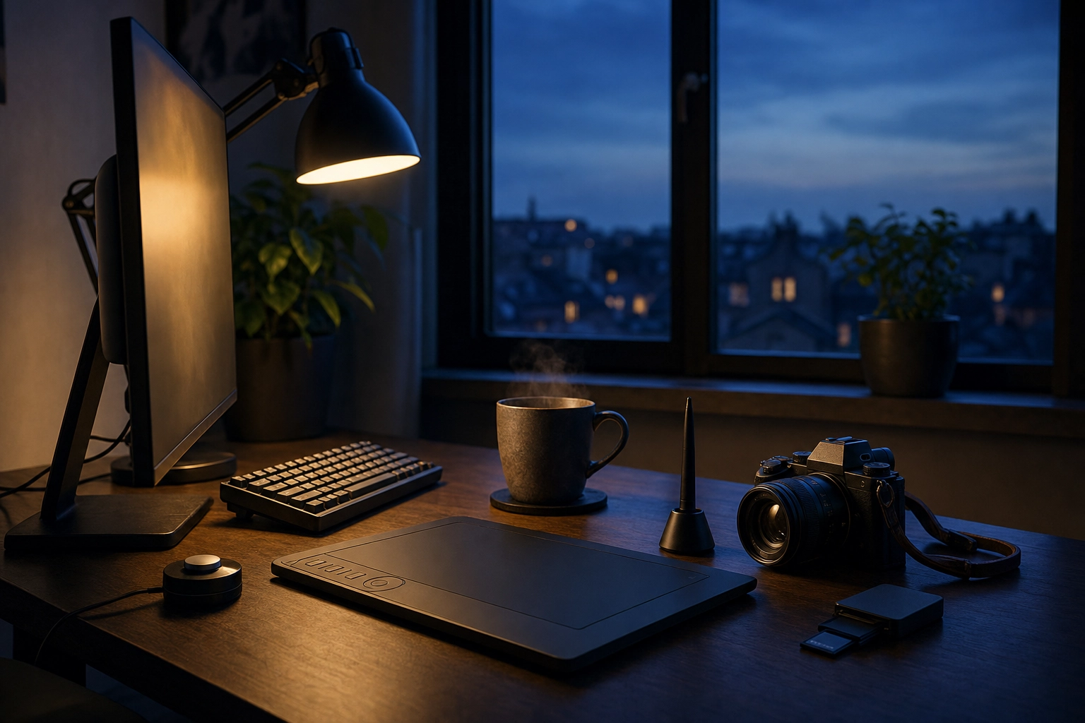 Moody blue-hour photo-editing workspace with monitor glow, pen tablet, and camera, representing the post-shoot real estate editing pipeline