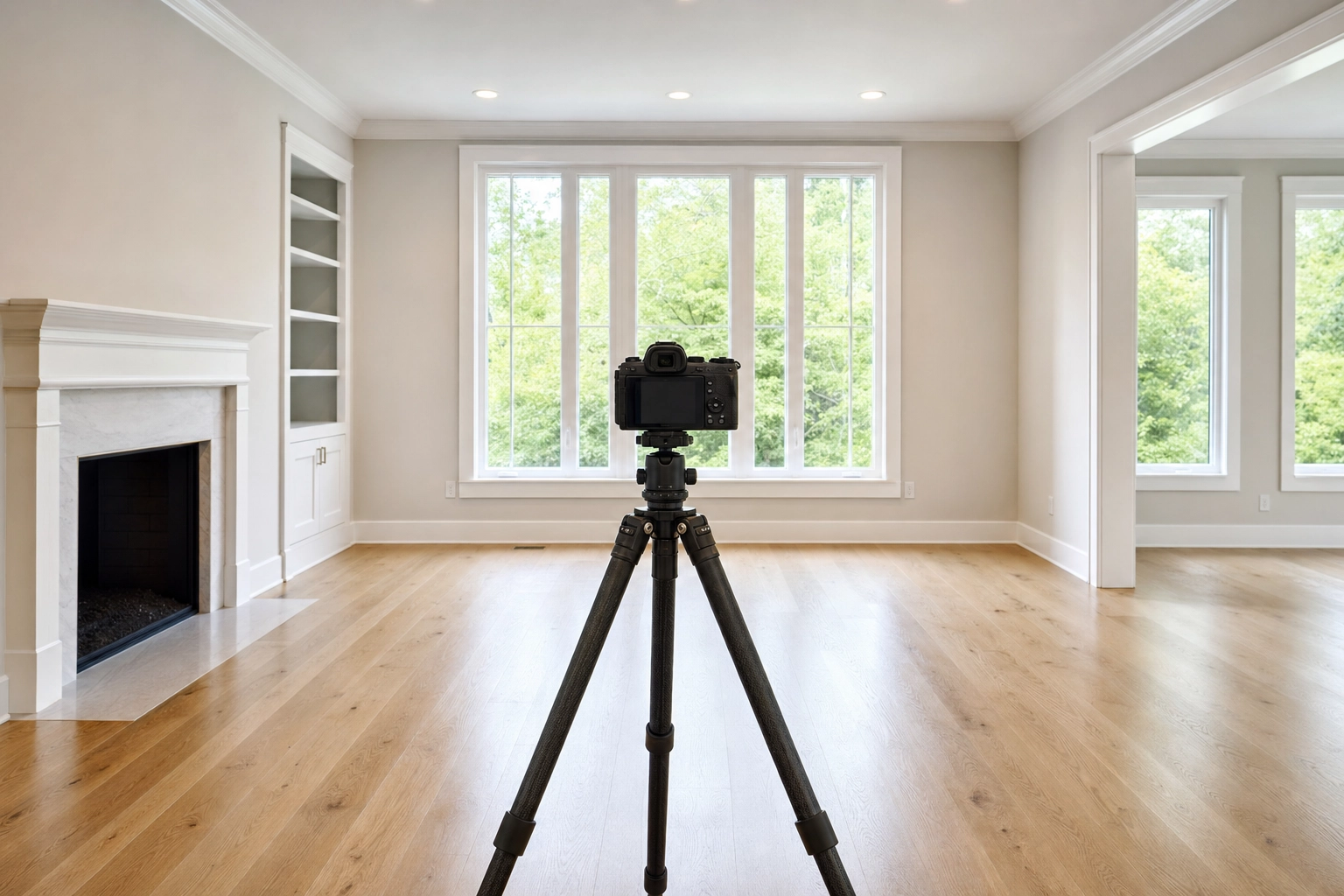 Full-frame camera on a carbon-fiber tripod set up in a bright empty living room, the core real estate photography equipment in use