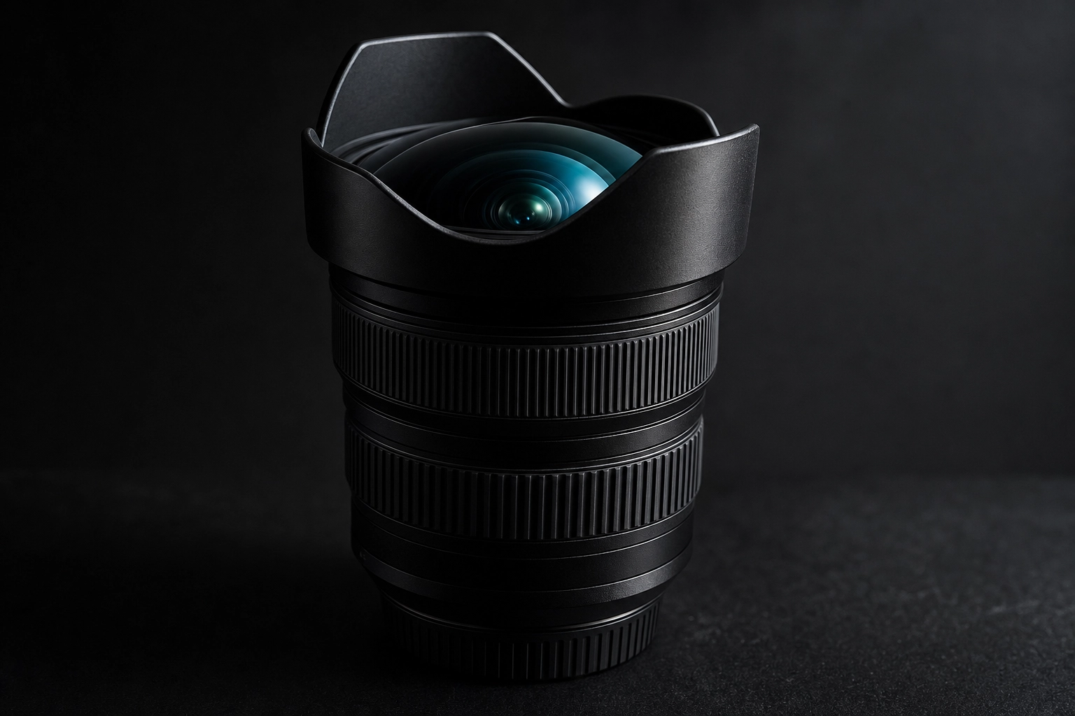 Close-up of a professional wide-angle zoom lens, the most important lens for real estate photography, lit dramatically in a dark studio