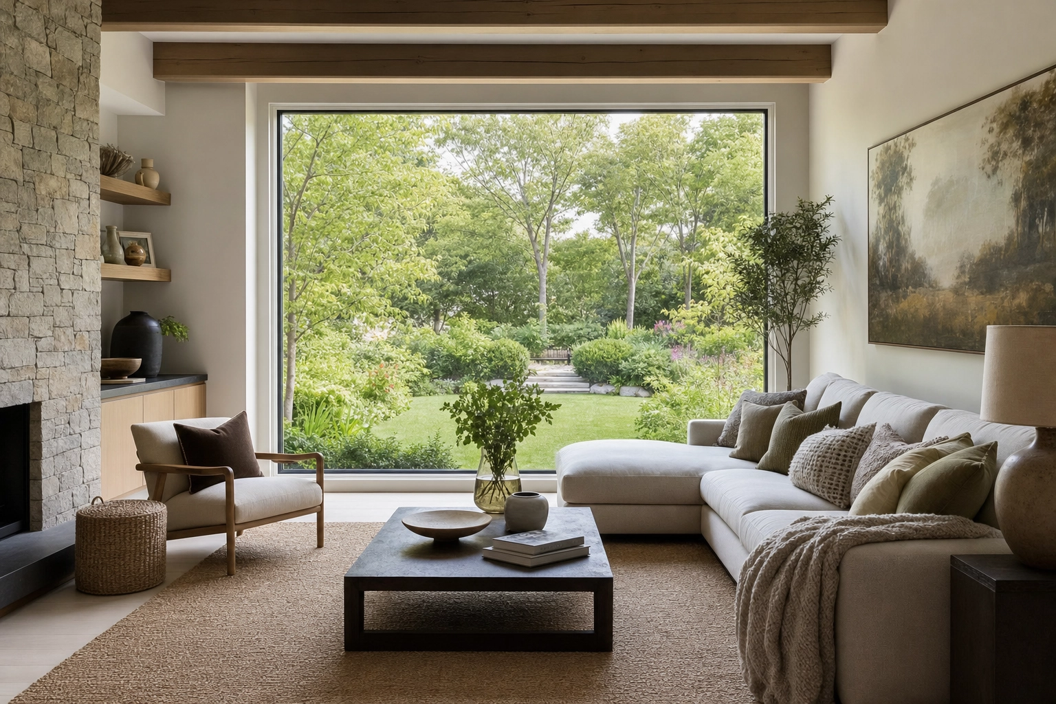 Interior with a bright window showing balanced exposure of the room and the view outside