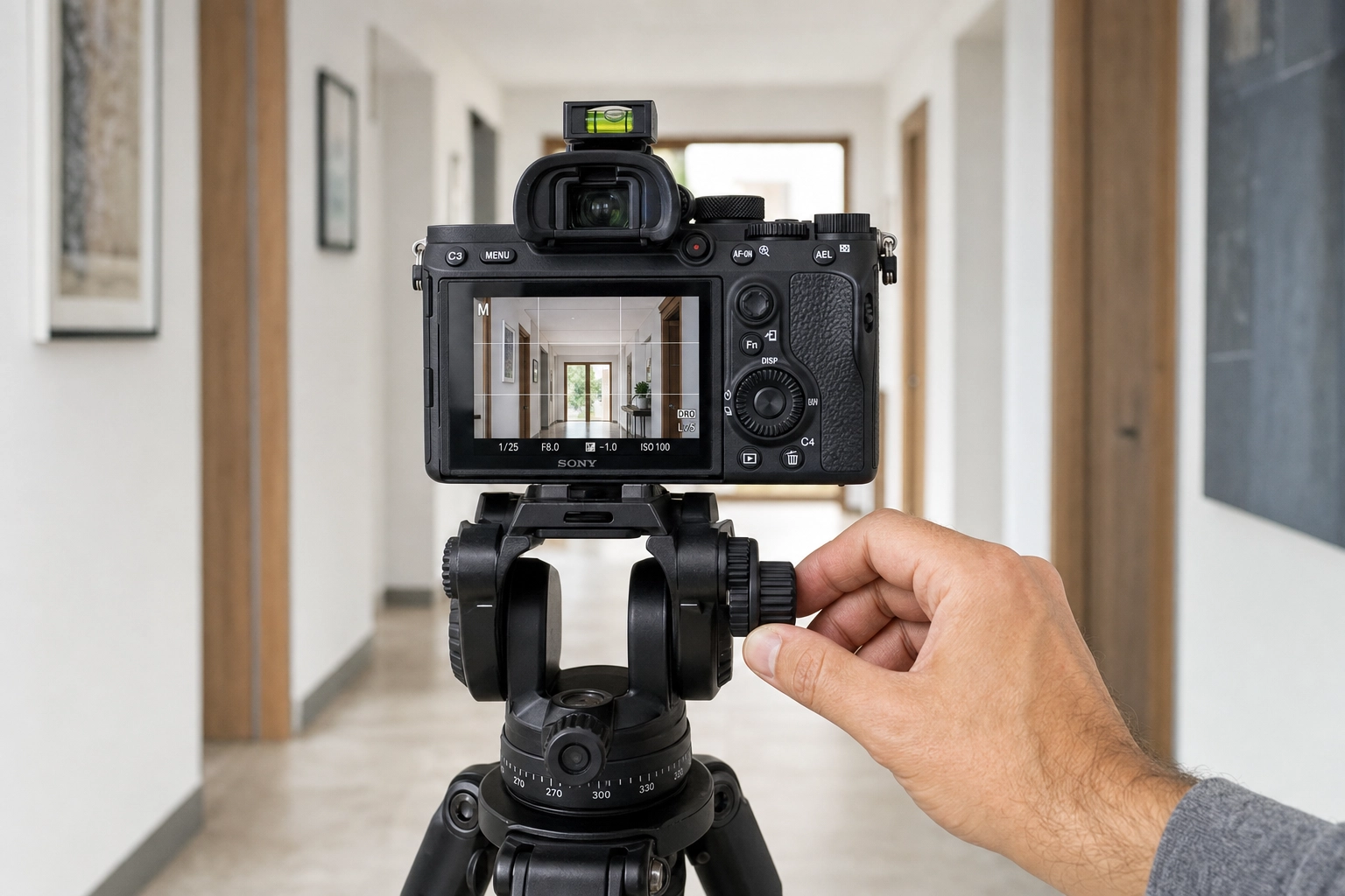 Camera on a tripod with a bubble level set at chest height to keep verticals straight