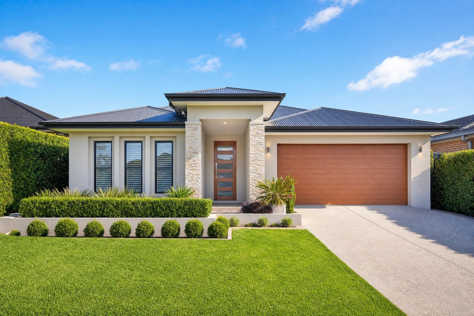 Clean modern home exterior with blue sky and green lawn showing strong curb appeal