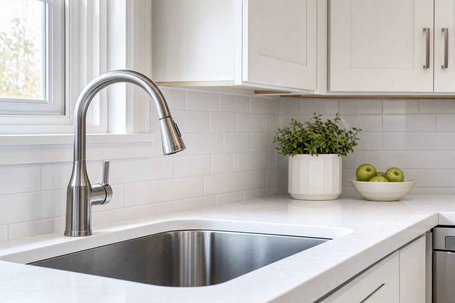 Spotless stainless faucet and neutral-white kitchen detail showing clean, color-accurate photos