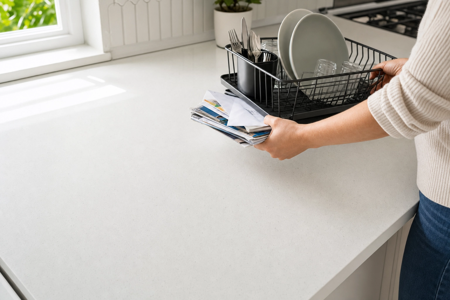 Hands clearing clutter from a kitchen counter to prep a room for real estate photos