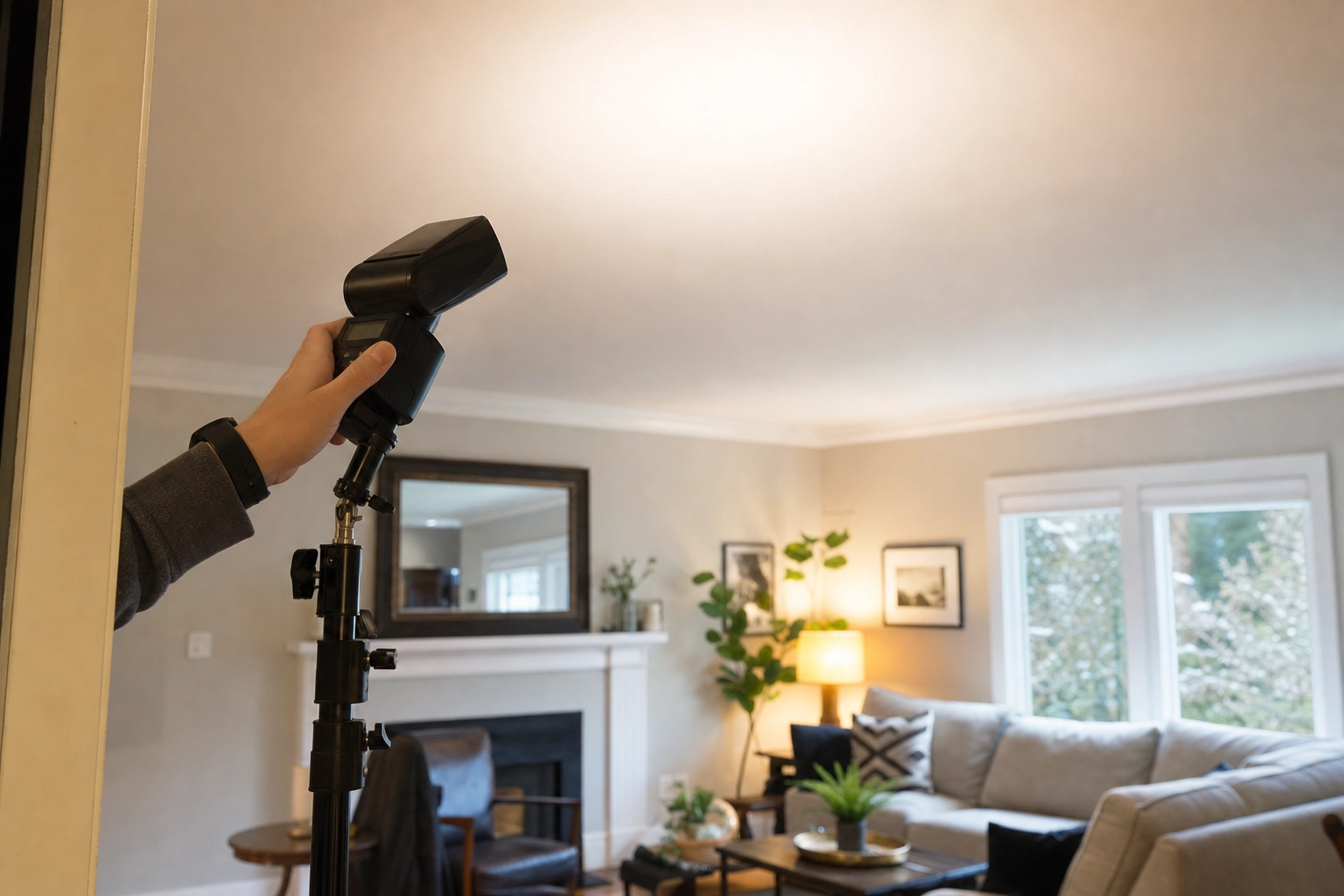Off-camera flash bounced off the ceiling in a flambient real estate lighting setup