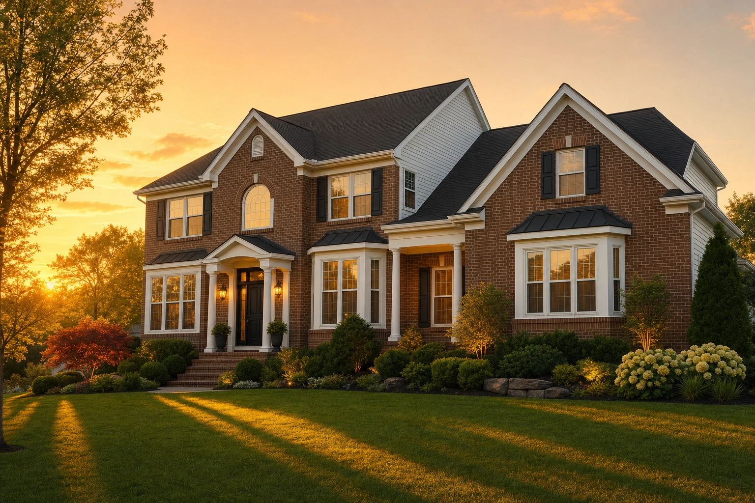 Suburban home facade lit by warm golden-hour sun showing how timing improves exterior photos