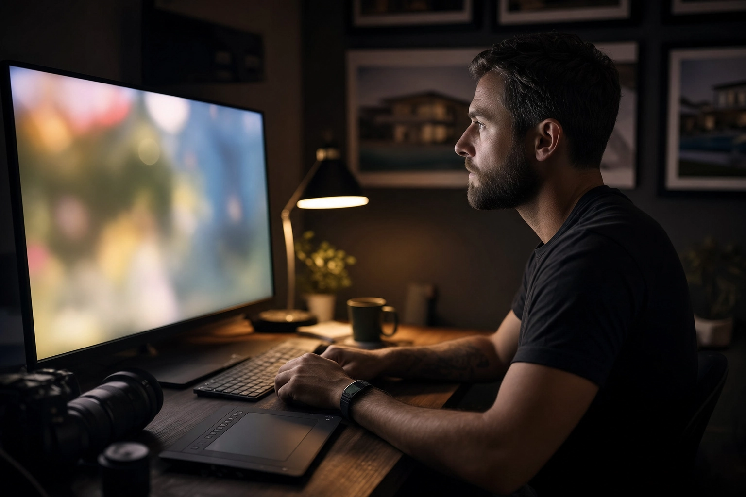 Photographer reviewing a finished listing gallery at a calibrated editing monitor