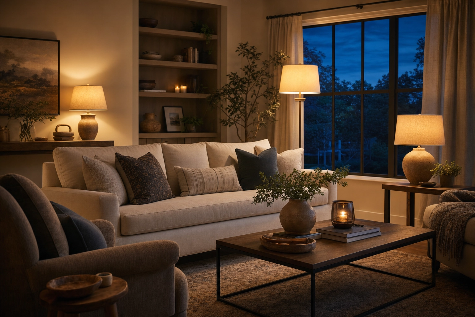 Warmly staged living room at dusk with glowing lamps for an inviting listing photo