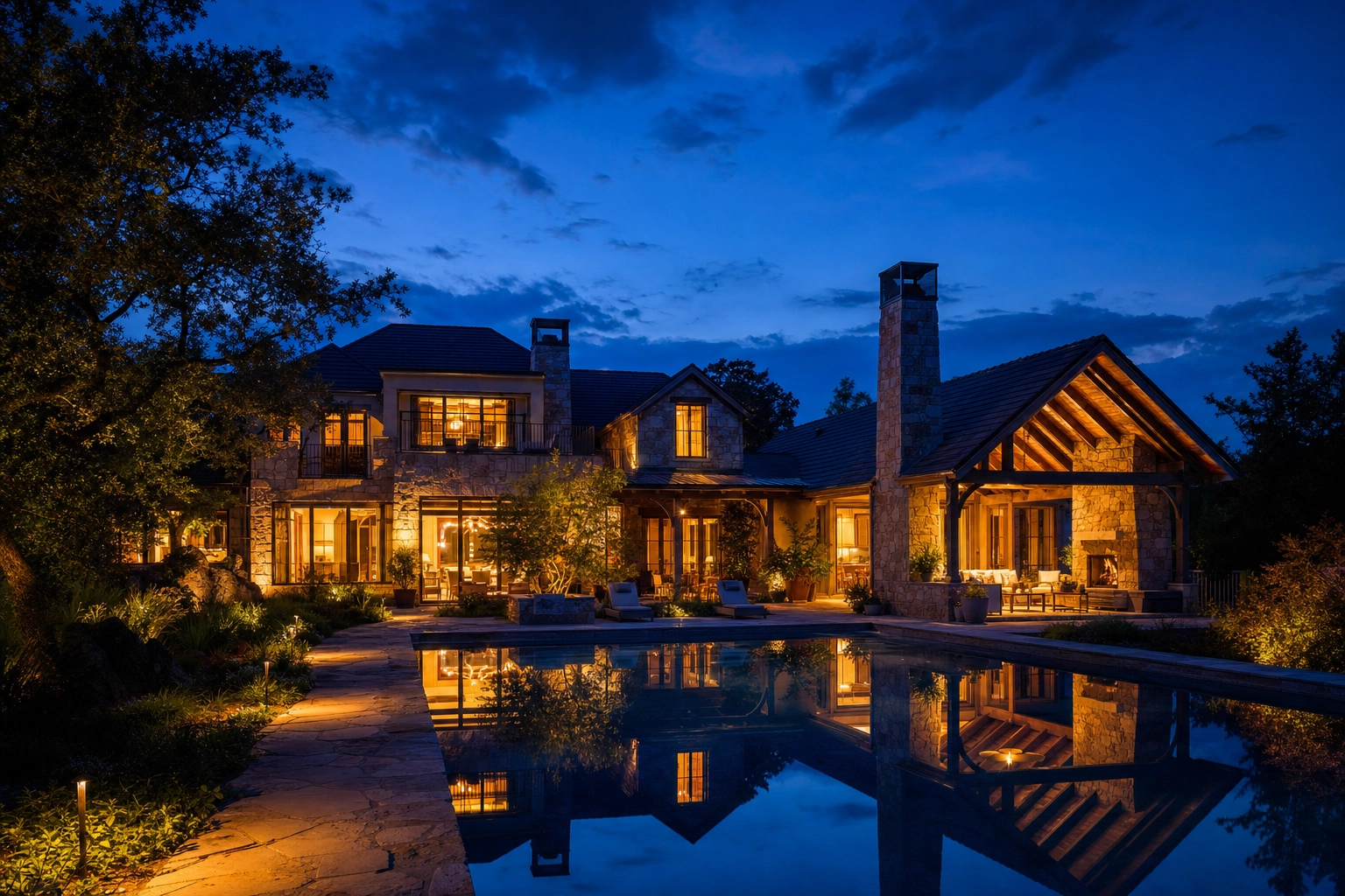 Home at blue-hour twilight with warm window glow for a high-converting cover photo