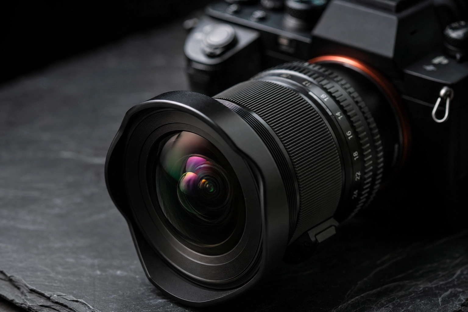 Macro close-up of a wide-angle lens used for real estate interior photography
