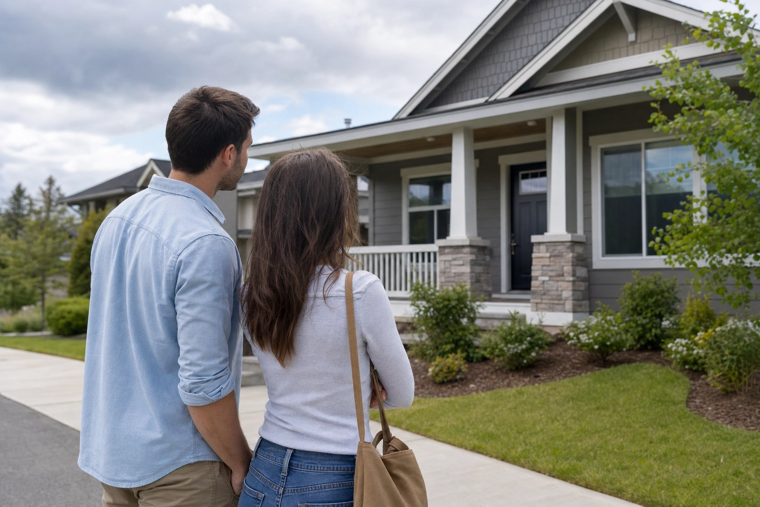 A couple arriving to view a home under a natural partly cloudy sky