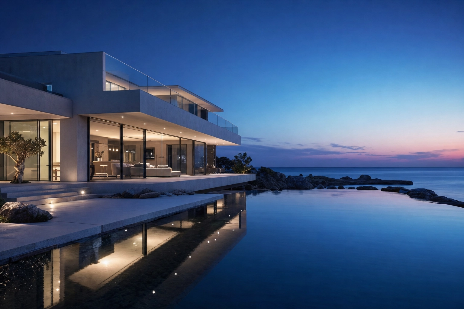 Modern coastal home at dusk under a matching cool blue twilight sky