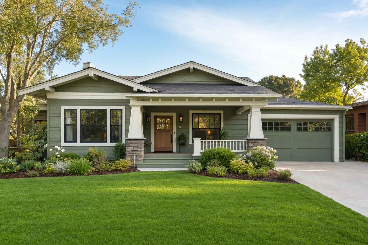 Craftsman bungalow with a green lawn and blue sky, a cohesive exterior