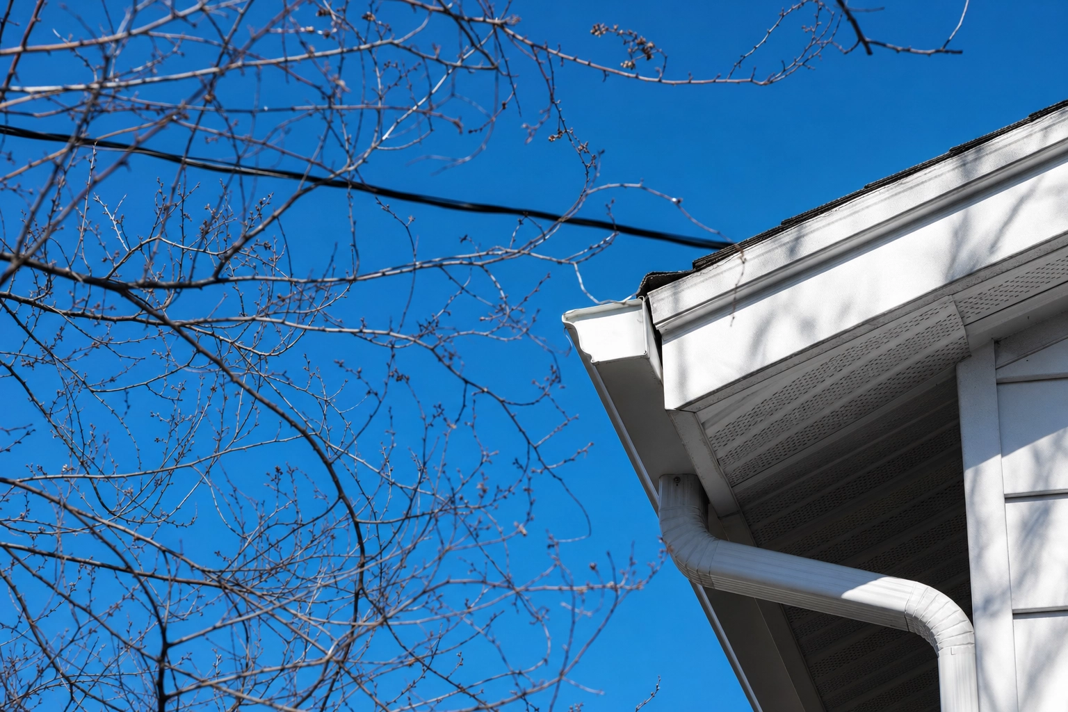 Bare tree branches and a roofline silhouetted against a blue sky