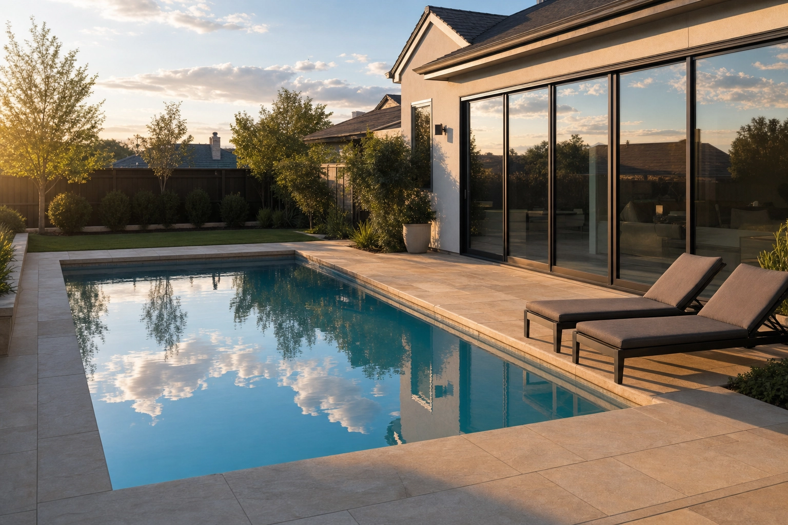 Pool water and glass doors reflecting a blue sky in a sky replacement