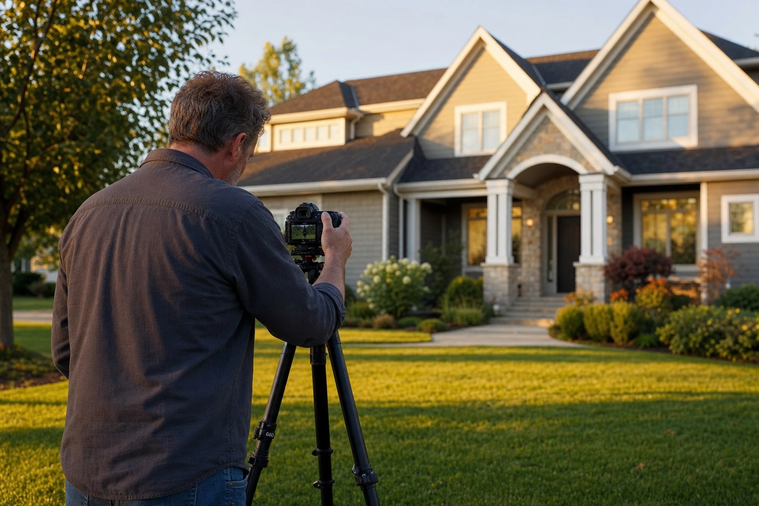 A real estate photographer shooting a home exterior at golden hour