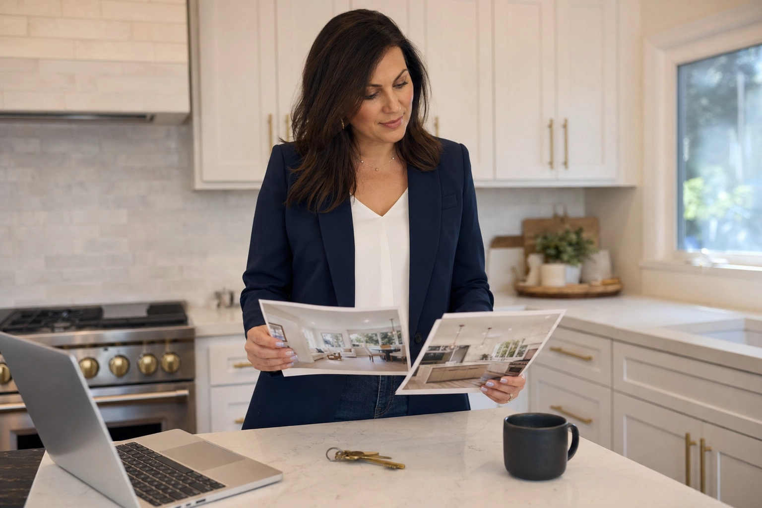 Real estate agent at a kitchen island comparing two printed listing photos while deciding between editing tools