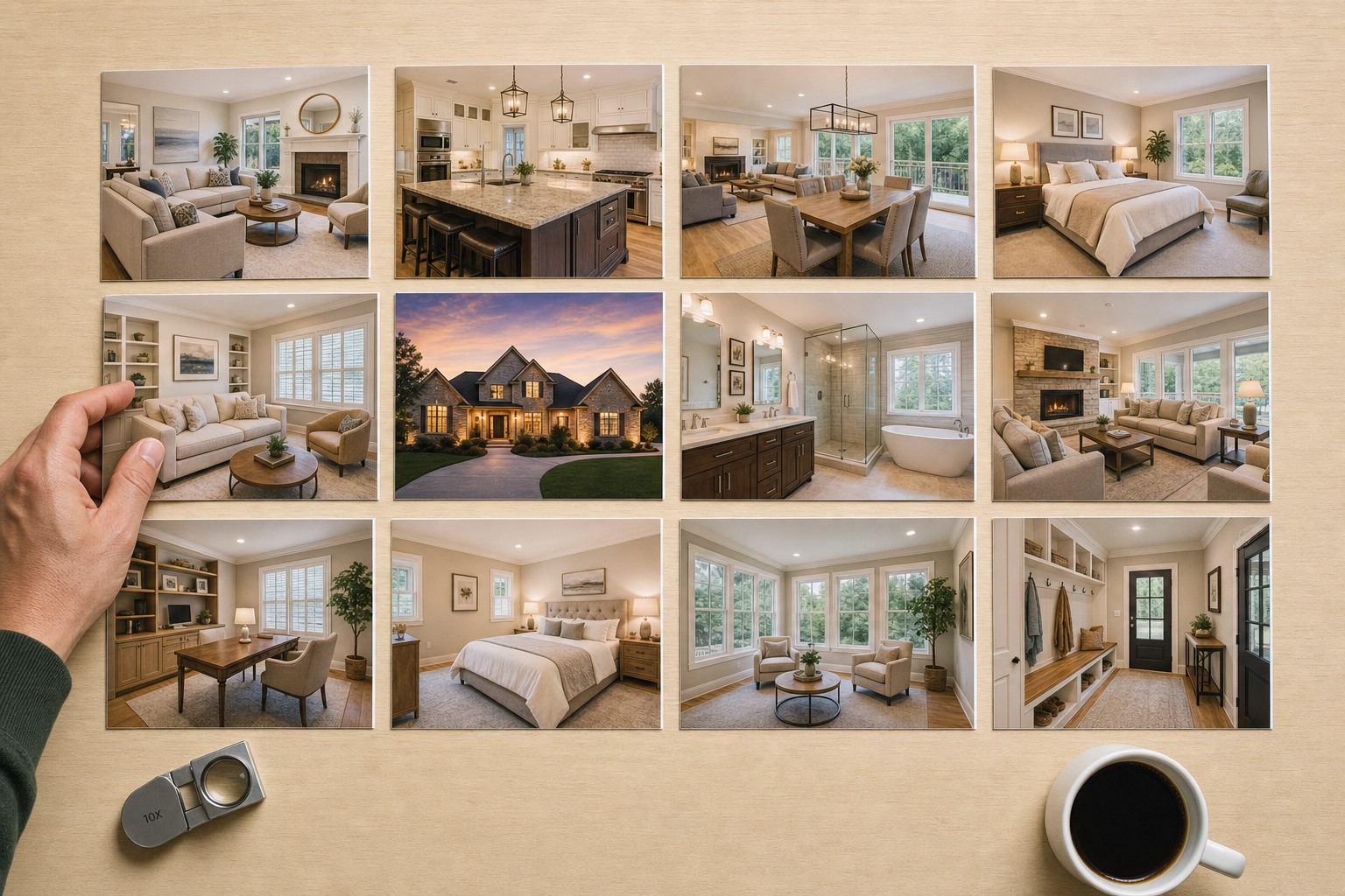 Overhead flat-lay of color-matched printed listing photos in a grid showing consistent batch grading across a listing