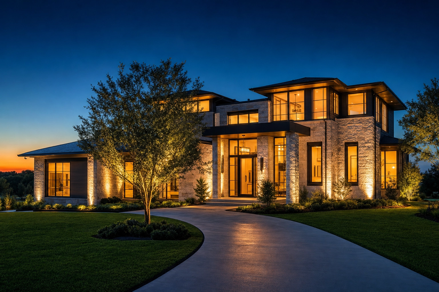 Contemporary home at twilight with glowing windows and an indigo sky, a day-to-dusk real estate cover shot