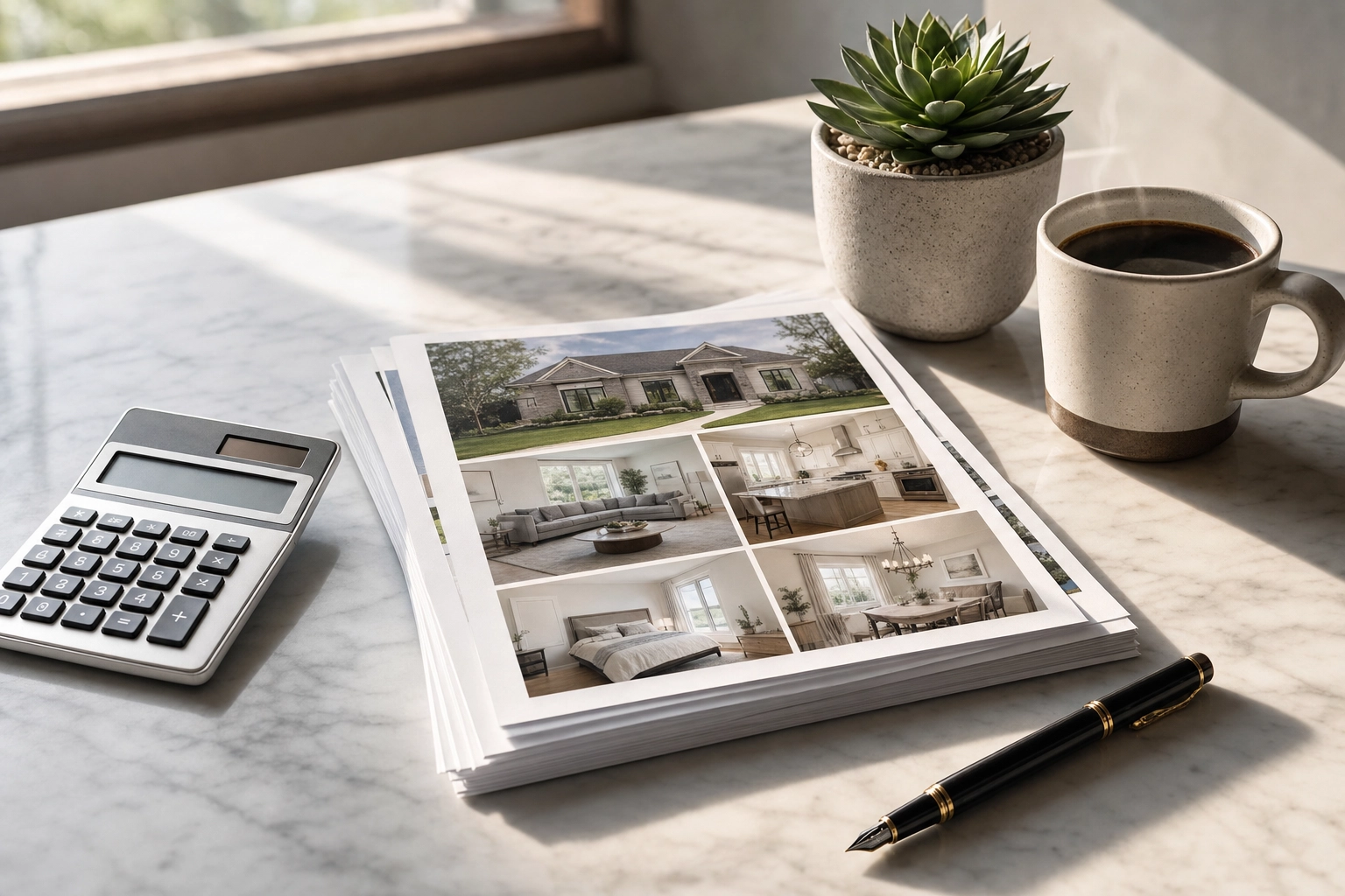 Desktop with calculator, printed listings and coffee evoking a comparison of real estate photo pricing models