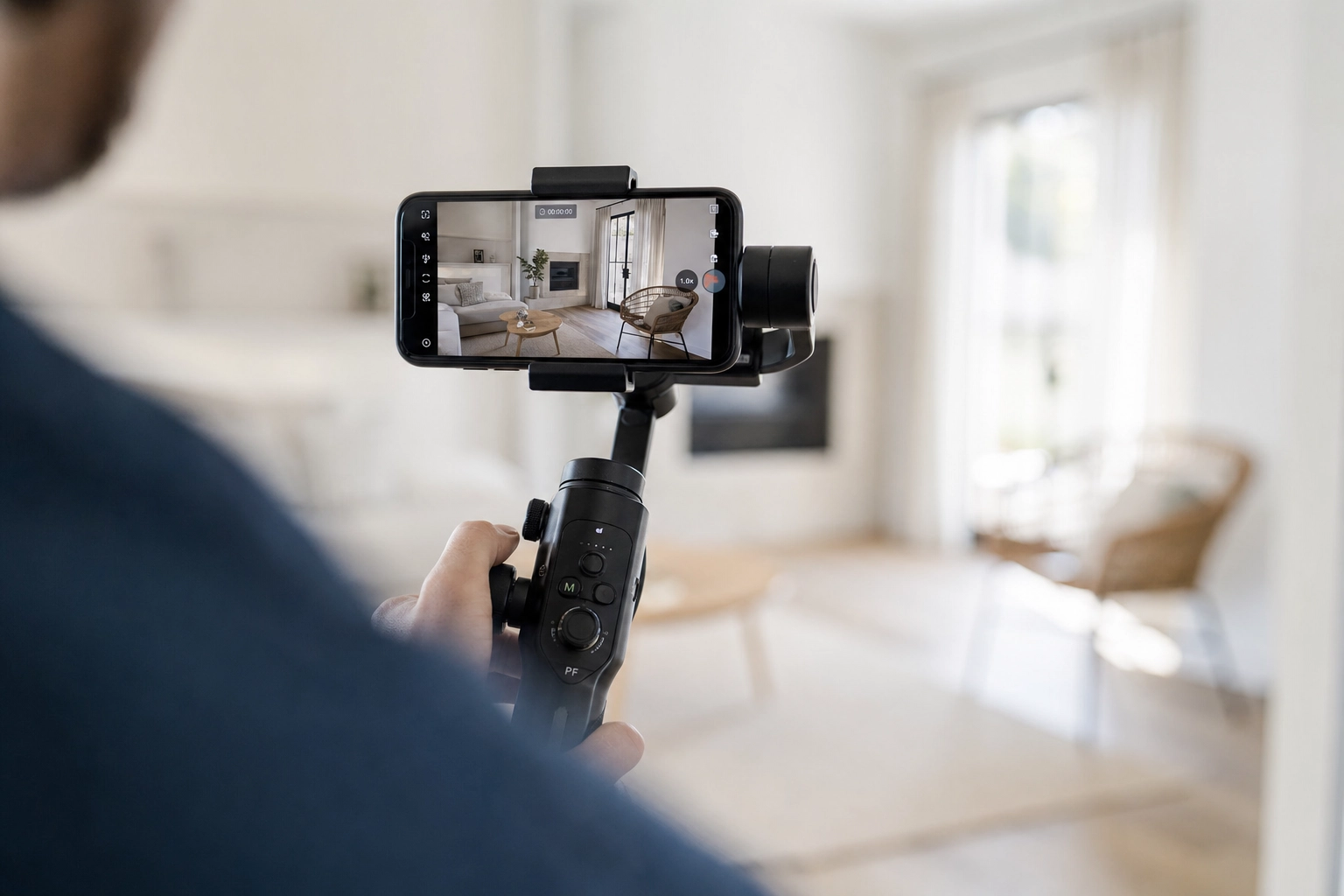 Videographer panning a smartphone gimbal across a staged living room to capture a real estate listing reel