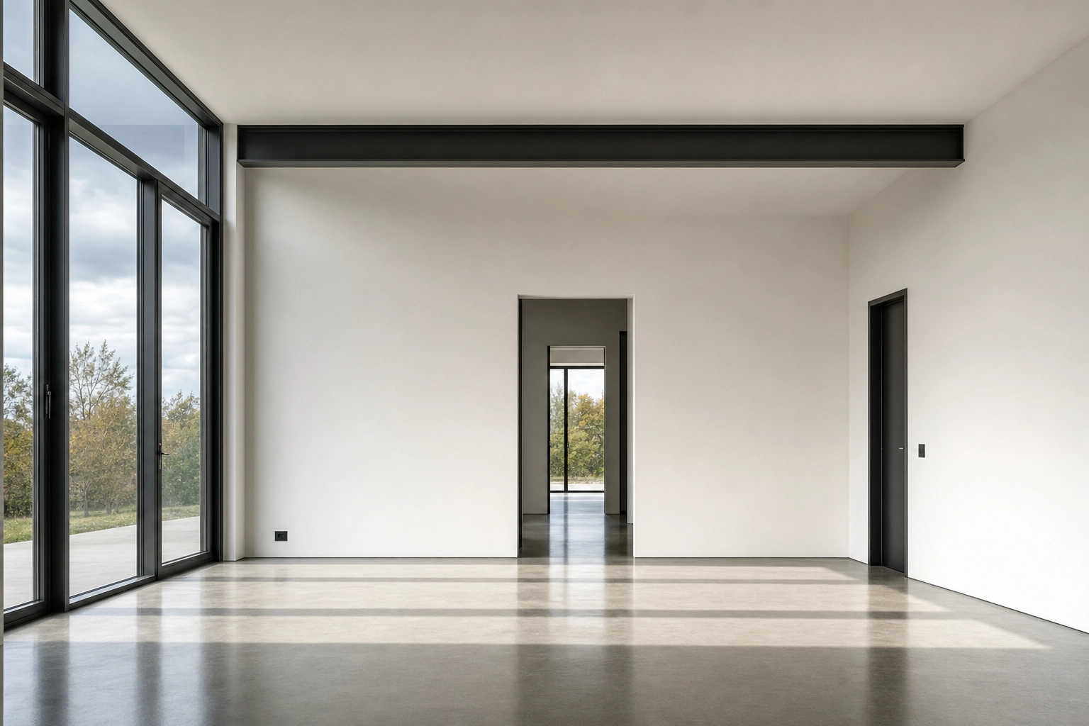 Empty modern room with perfectly straight verticals and clean geometry showing structure-preserving architectural fidelity