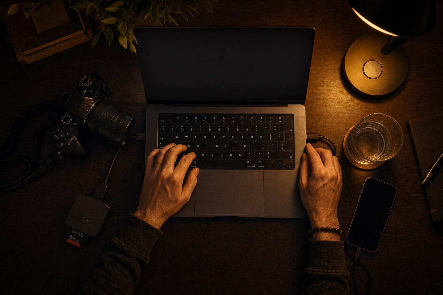 Photographer importing a batch of listing photos from camera and phone to a laptop during an evening edit session