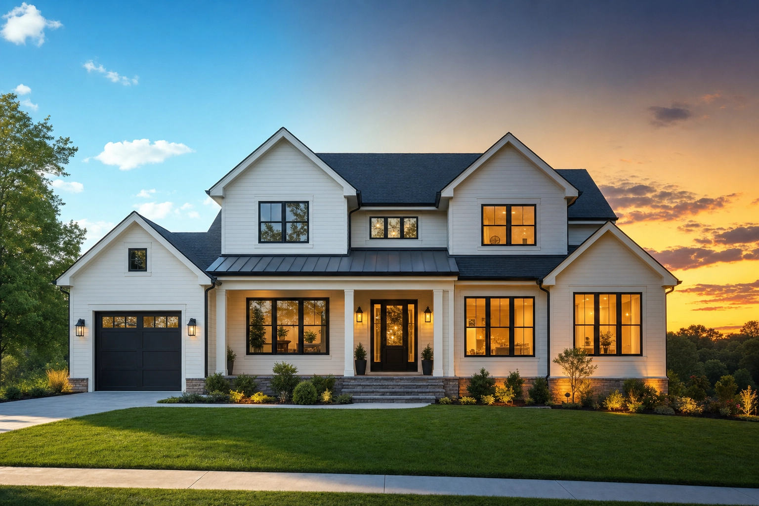 Concept of converting a daytime real estate photo to twilight with AI day-to-dusk, a midday-to-dusk sky gradient
