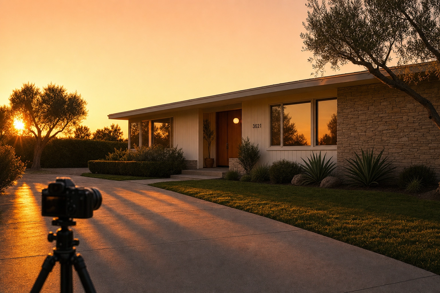 Golden hour twilight real estate shot of a mid-century ranch home with long shadows before sunset