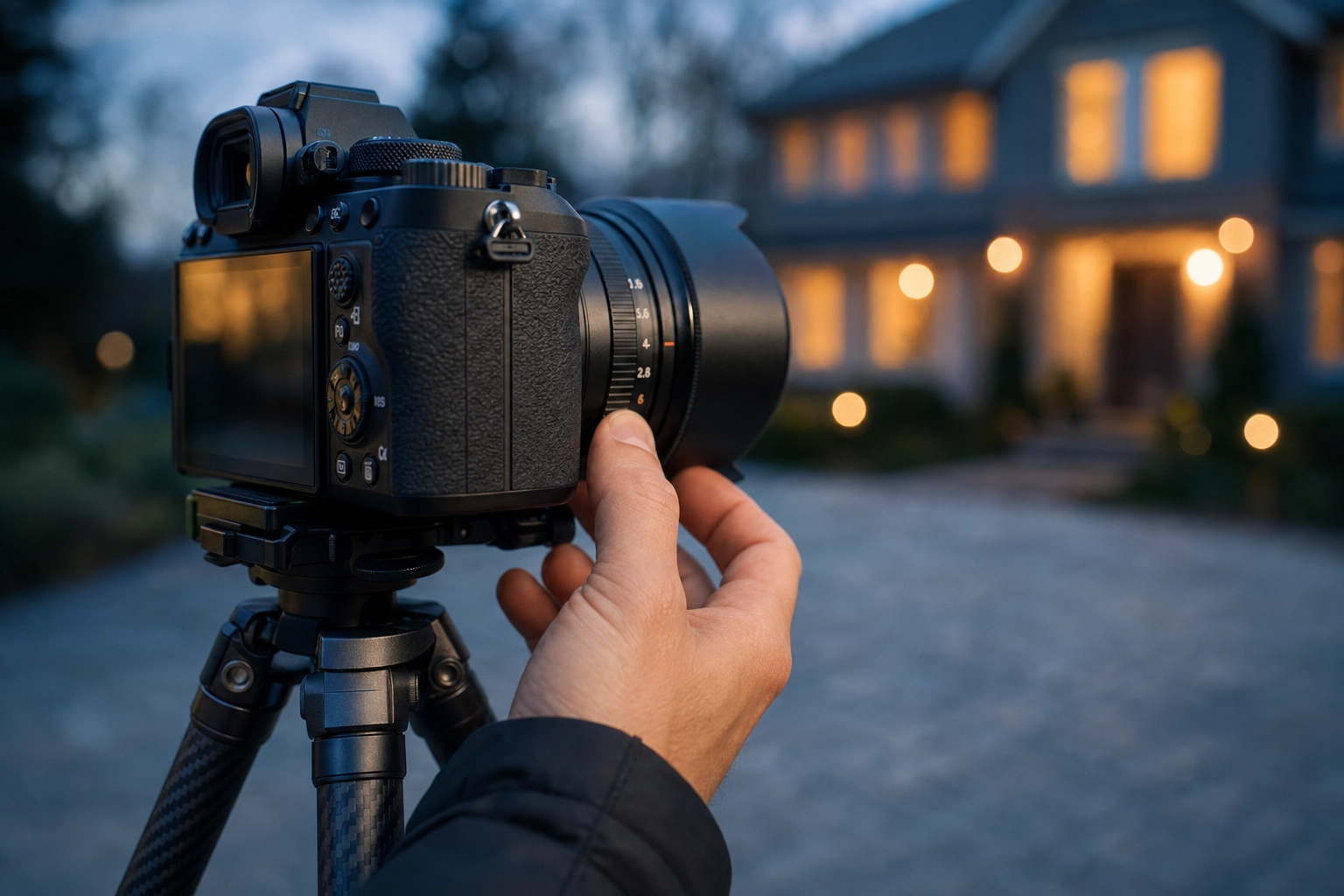 Camera on a tripod at dusk dialing in aperture and ISO for twilight real estate photography settings