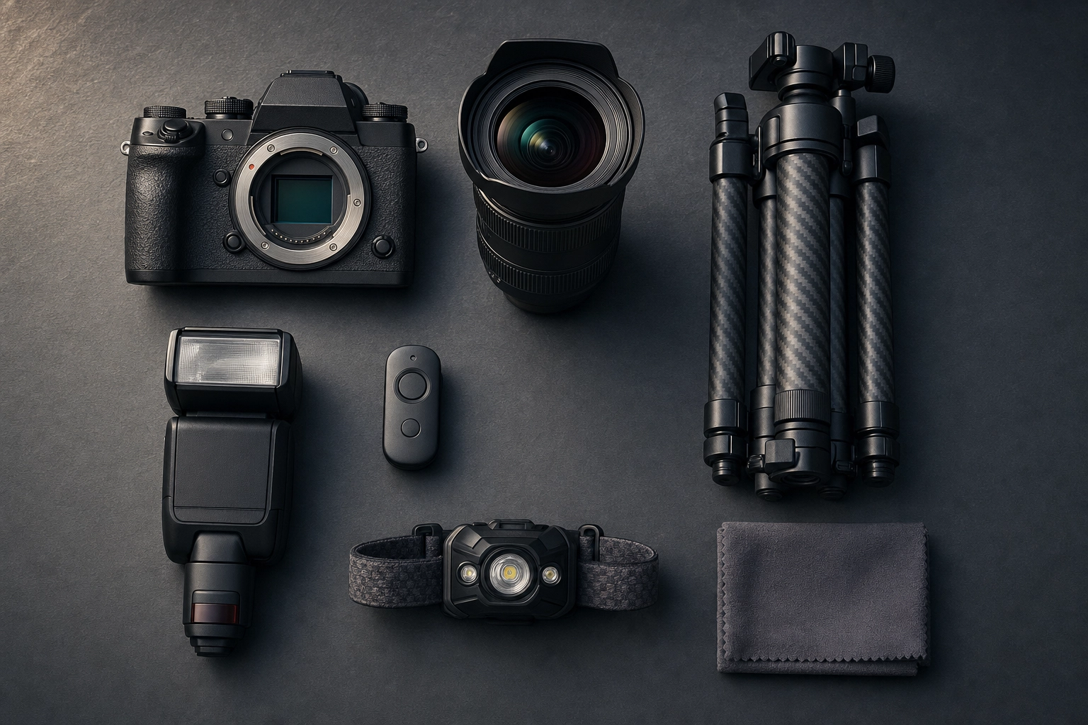 Overhead flat-lay of twilight real estate photography gear: camera, wide lens, tripod, flash, and remote