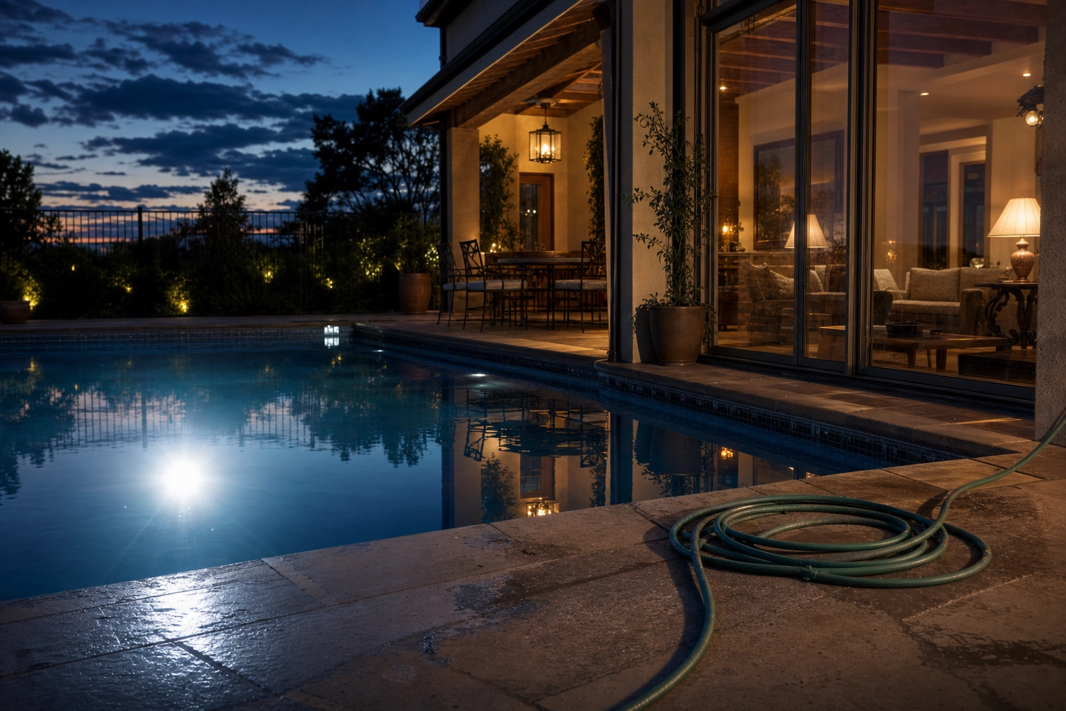 Pool and glass reflections showing common twilight real estate photography mistakes at dusk