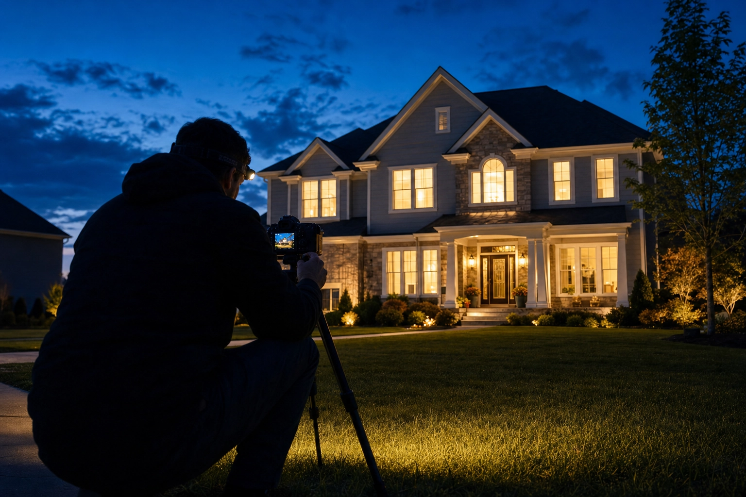Real estate photographer shooting a glowing home at blue hour during a step-by-step twilight photo workflow