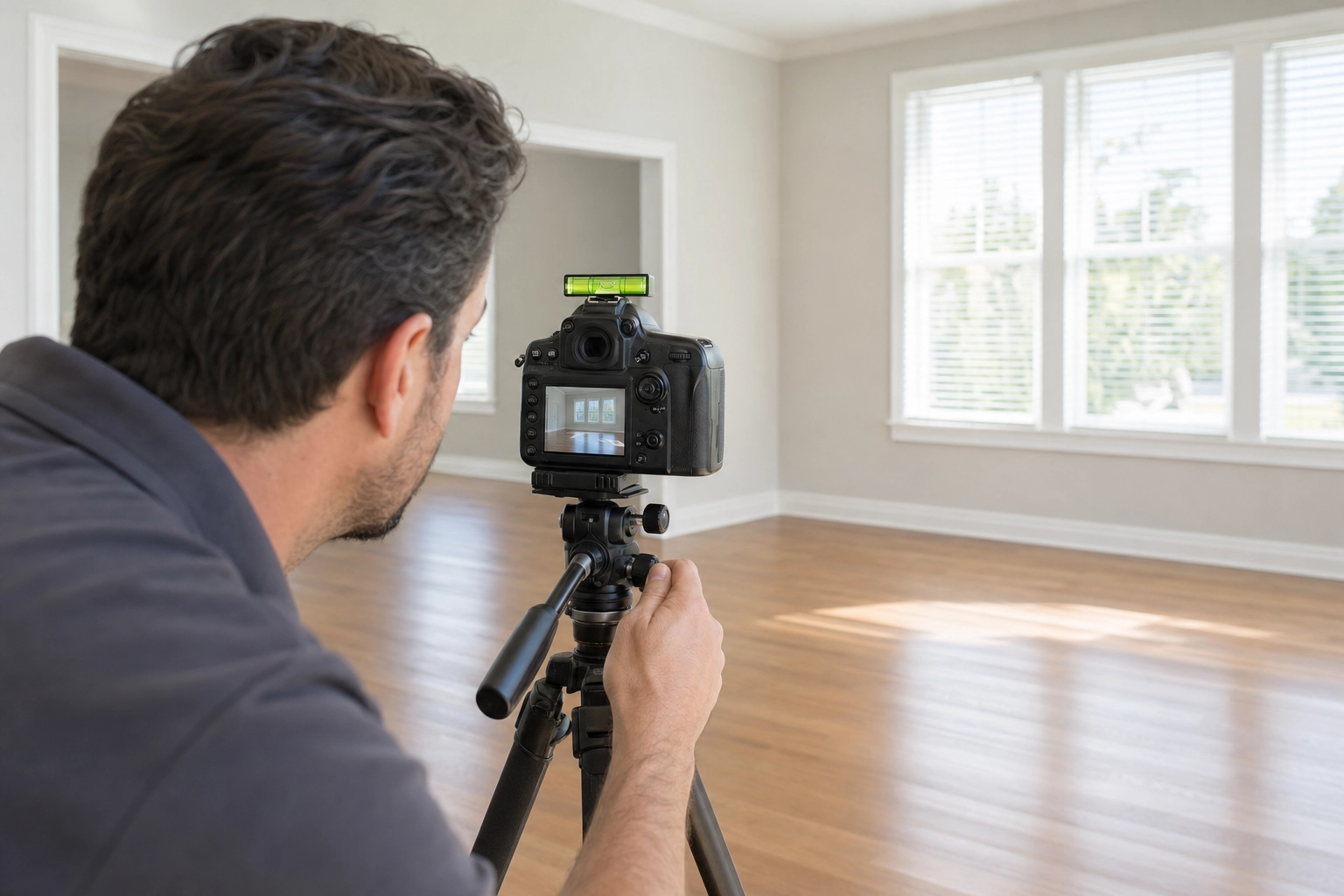 Real estate photographer leveling a tripod camera to capture a clean empty room for virtual staging
