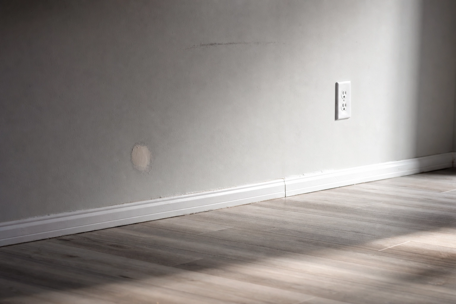 Harsh sunlight on a bare empty wall and floor exposing scuffs and flaws that vacant rooms amplify in photos